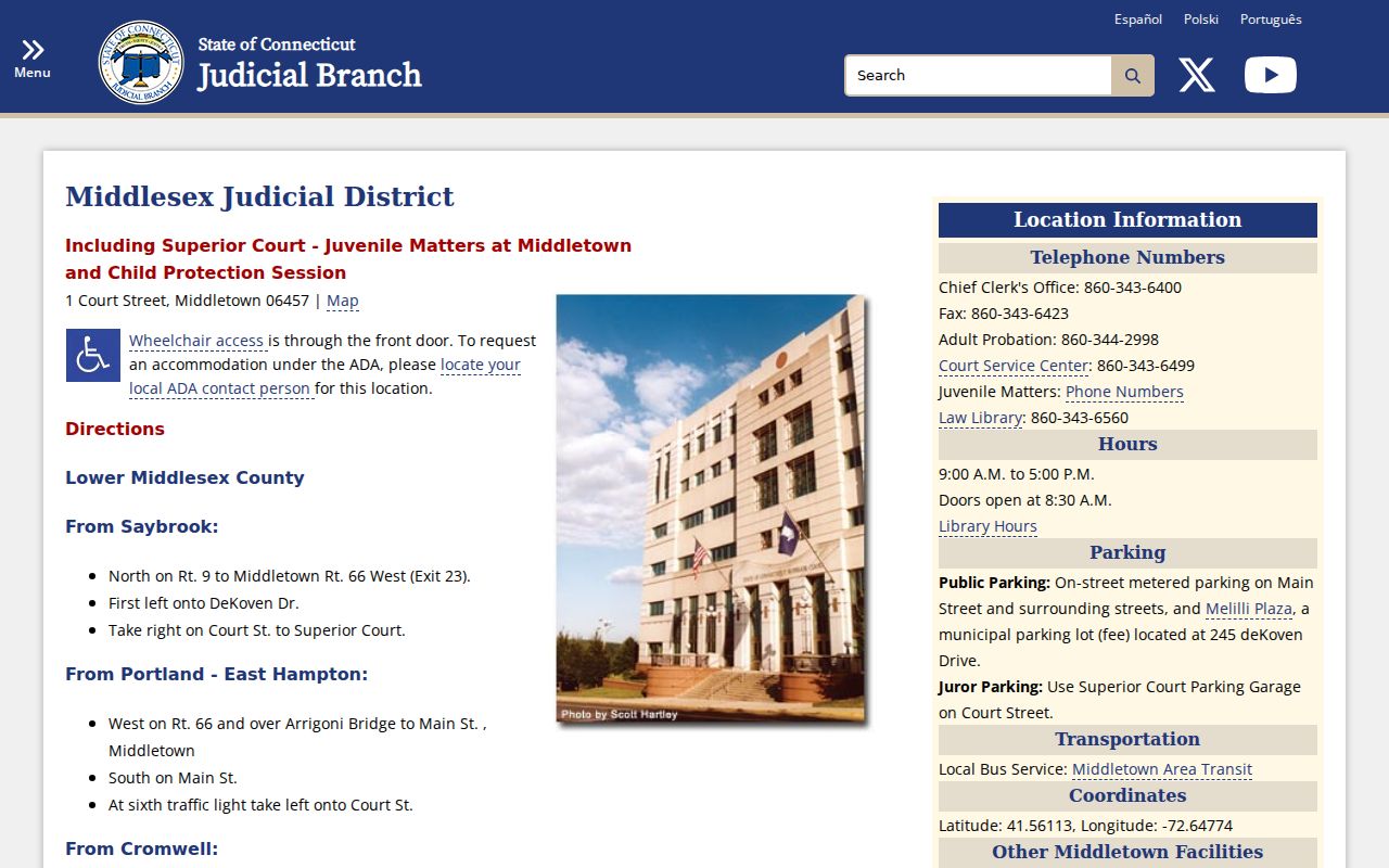 Middlesex County court records Middlesex Judicial District courthouse directions