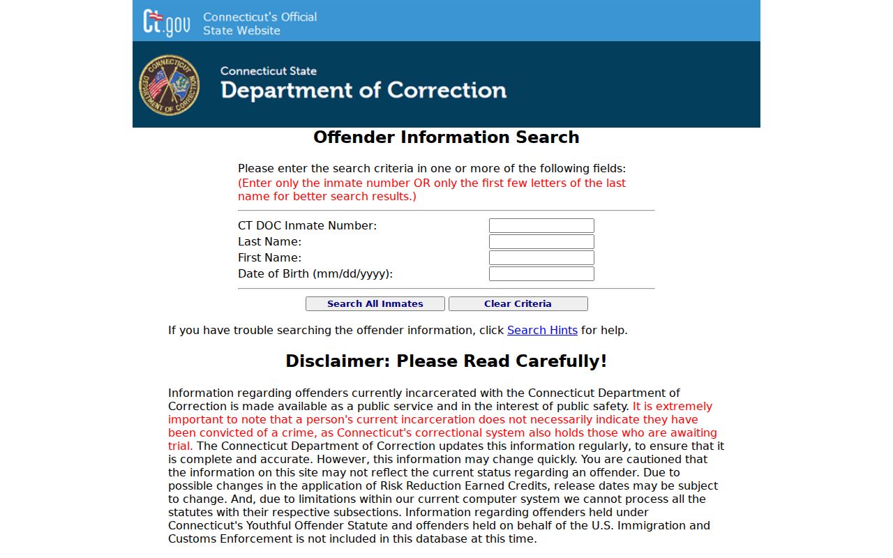 Middlesex County inmate records Connecticut DOC inmate search
