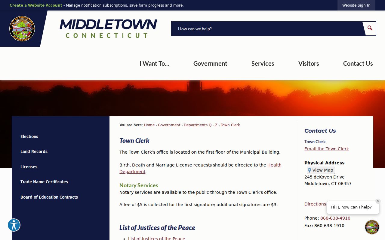 Middlesex County marriage records Middletown Town Clerk routing