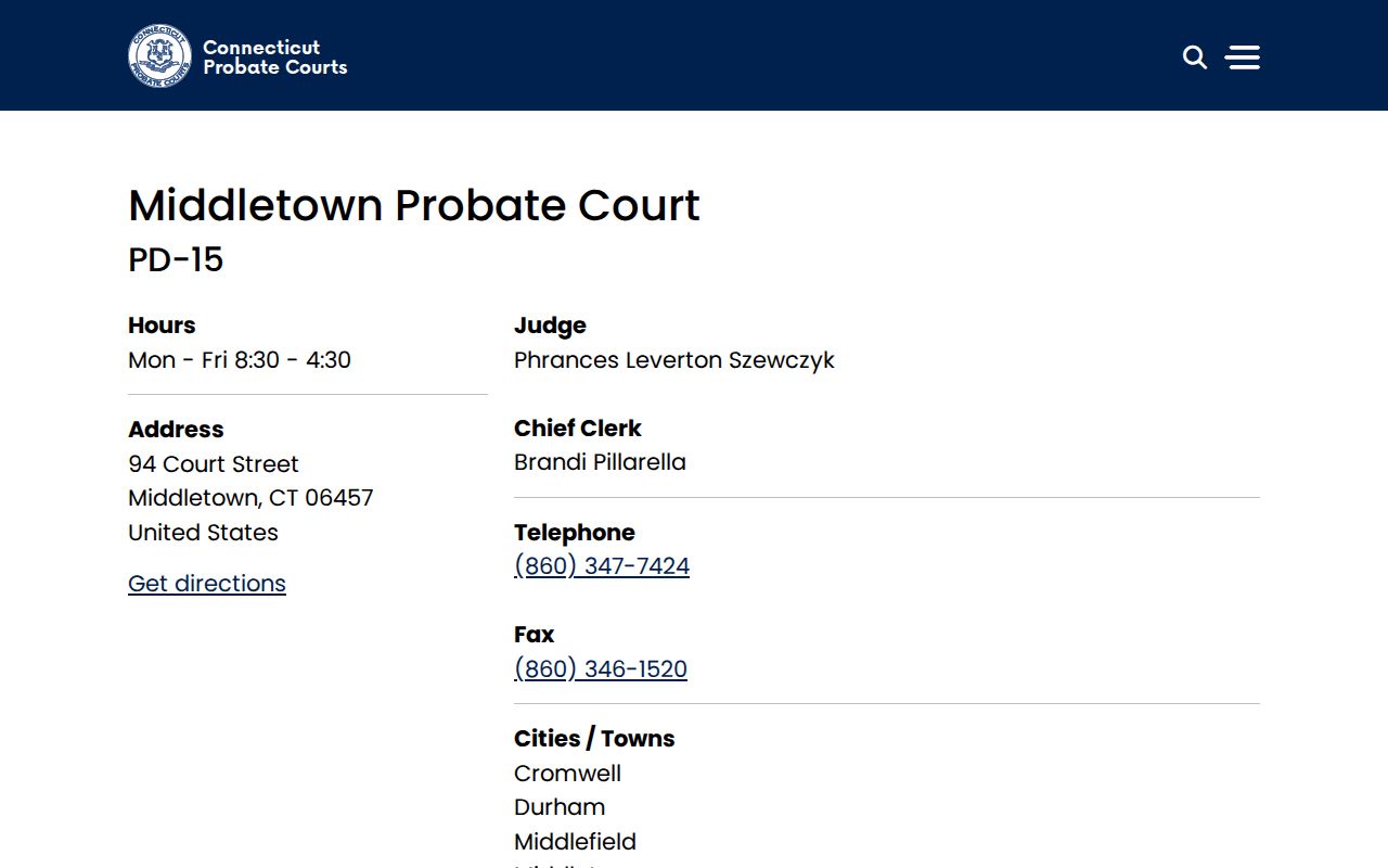 Middlesex County probate records Middletown Probate Court